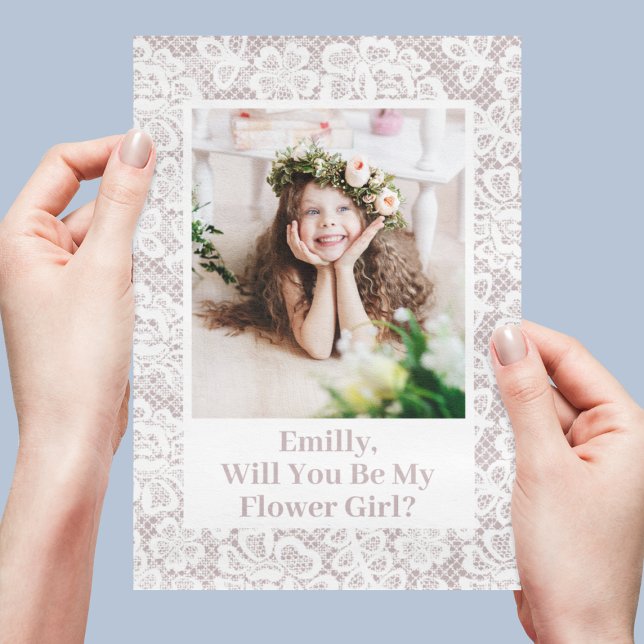Invitación Propuesta de Dama de Honor con Foto Personalizada  (Will You Be My Flower Girl Proposal Lace Photo Invitation
)