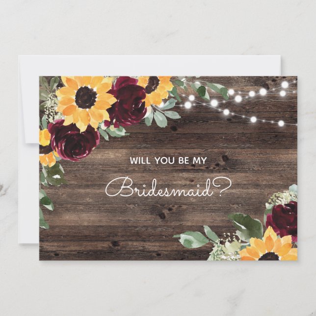 Invitación Propuesta de Dama de Honor con Girasoles de Madera (Anverso)