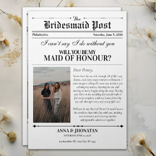 Invitación Propuesta de dama de honor foto retro de periódico