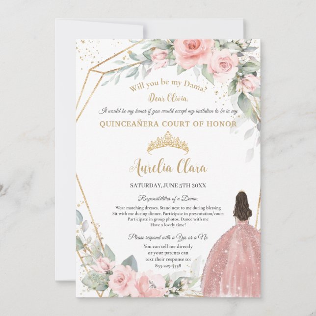 Invitación Propuesta de Dama de Quinceañera floral rosa de Ru (Anverso)