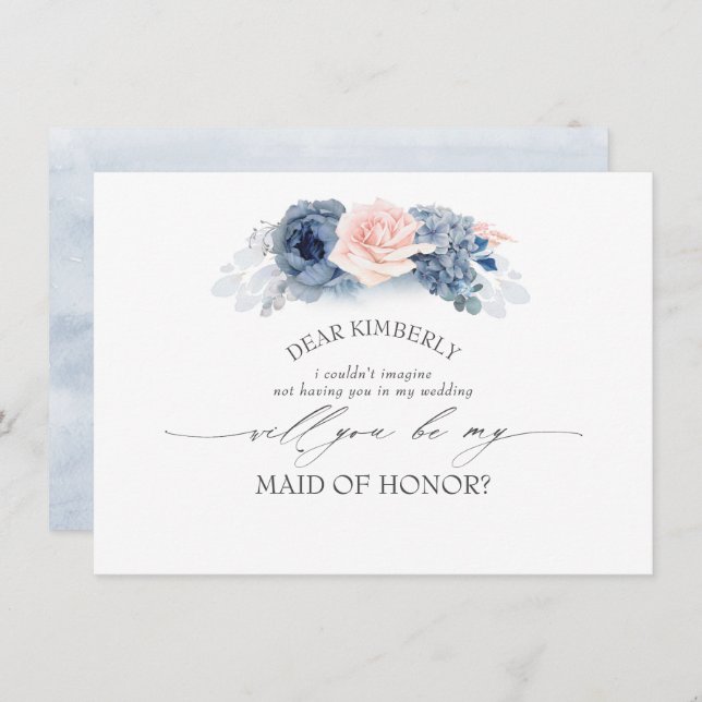 Invitación Propuesta de doncella floral azul rosa de honor/da (Anverso / Reverso)