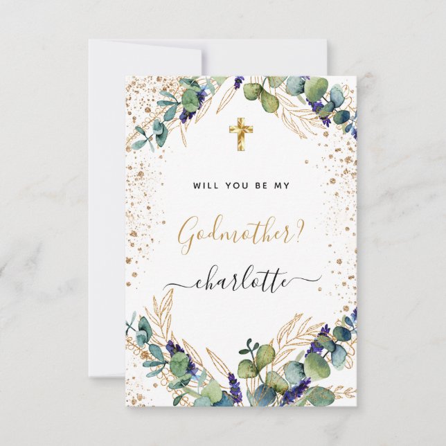 Invitación Propuesta de la madrina de oro de Eucalyptus verde (Anverso)