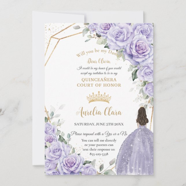 Invitación Propuesta de Quinceañera Dama con flores de lavado (Anverso)