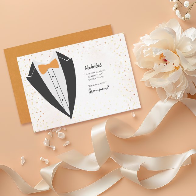 Invitación Propuesta de Sunset Tuxedo Groomsman Confetti (Subido por el creador)