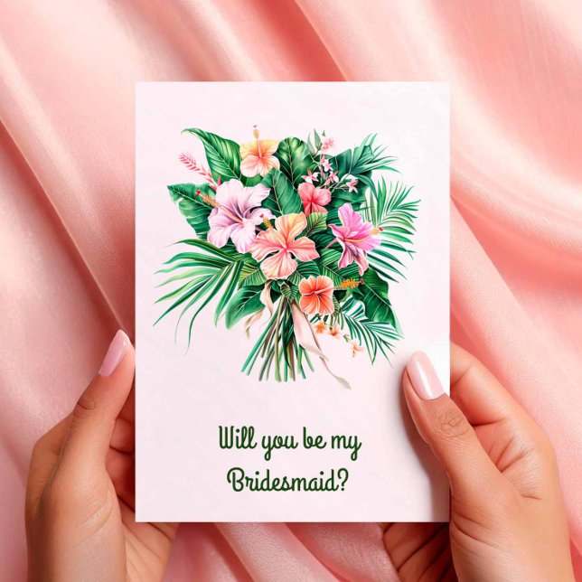 Invitación Propuesta del Partido Tropical de Boda de Hibiscus (Hibiscus Bouquet Wedding Party Proposal Card)