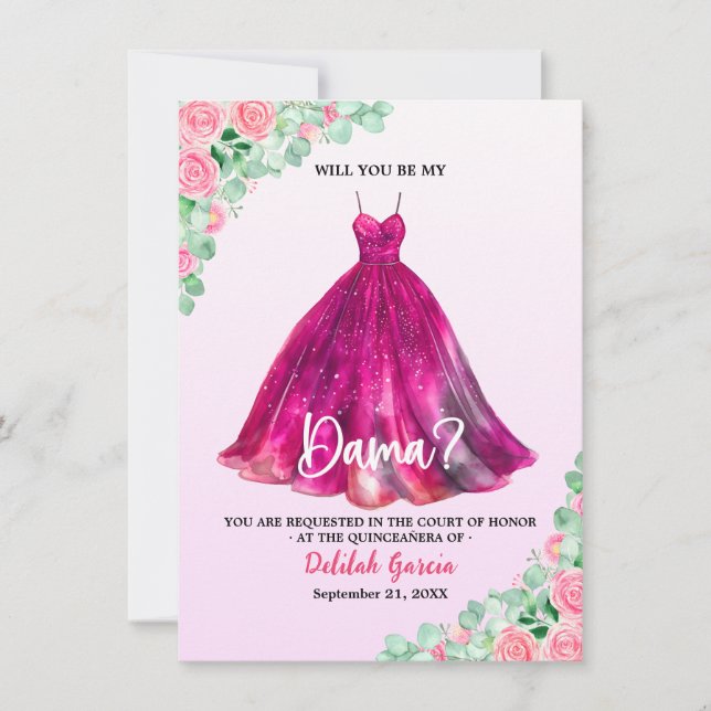 Invitación Propuesta formal Quinceañera Dama de bonito rosa (Anverso)