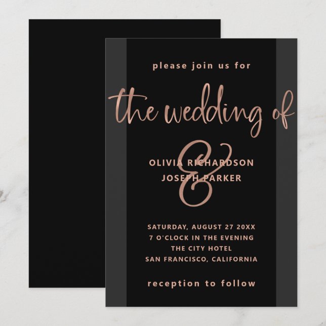 Invitación Propuesta moderna | Boda de oro negro y Rosa (Anverso / Reverso)