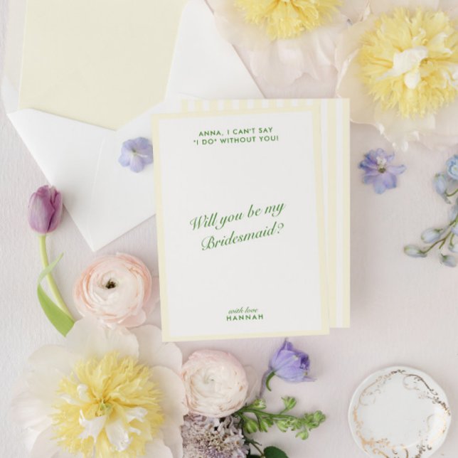 Invitación Propuesta retro moderna de la dama de honor verde  (Retro Modern Green & Yellow Bridesmaid Proposal Invitation)