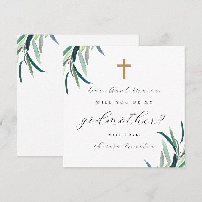 Invitación Propuesta Simple de Madrina Botánica con Cruz  (Anverso / Reverso)