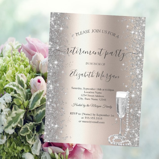 Invitación Prosecco Brillo de Plata Perlas Marfil Jubilación  (Subido por el creador)