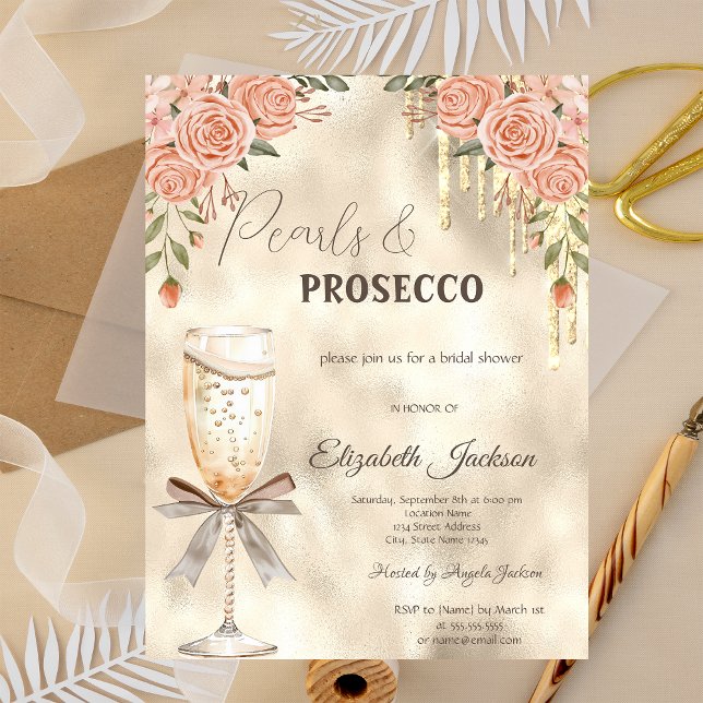 Invitación Prosecco Perlas Rosas Boho Lazo Brillante Goteo (Subido por el creador)