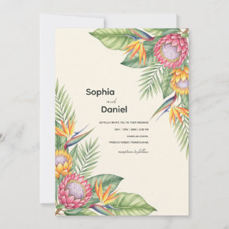 Invitación Protea acuarela tropical y pájaro del paraíso