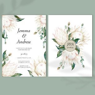 Invitación Protea Blanca Elegante Boda de flores verdes