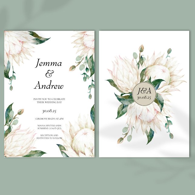 Invitación Protea Blanca Elegante Boda de flores verdes (Subido por el creador)