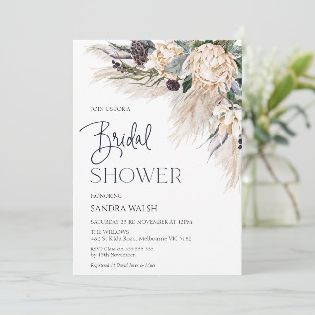 Invitación Protea Blanca Pampas Ducha de Novias Grass (Anverso de pie)