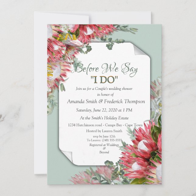 Invitación Protea de Fuchsia con ducha de bodas verdes y de o (Anverso)