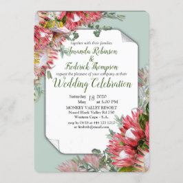Invitación Protea de Fuchsia con los verdes y la cinta de oro