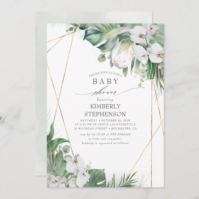 Invitación Protea del Rey Blanco Orquídea Baby Shower tropica (Anverso / Reverso)