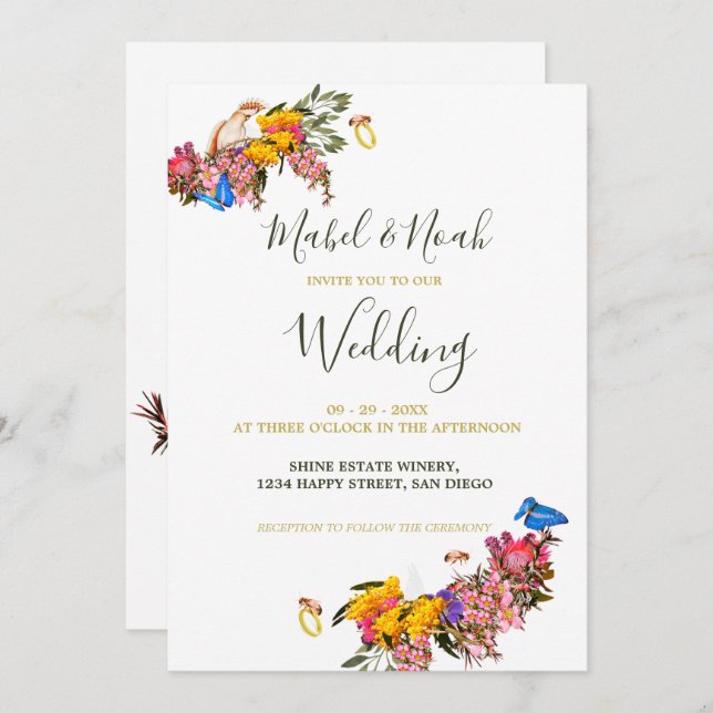 Invitación Protea floral Cockatoo Boda de abejas sustentables (Anverso / Reverso)
