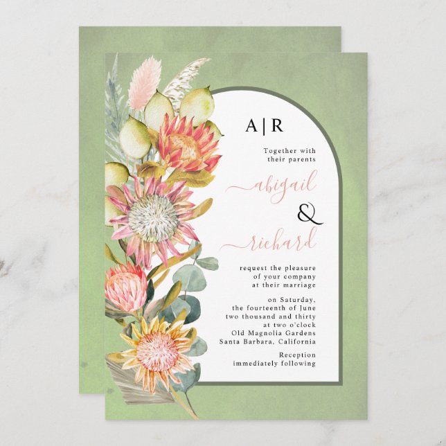 Invitación Protea flores pampas pasto sabio boda verde (Anverso / Reverso)