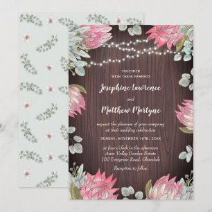Invitación Protea Luces Boda Rústico de Madera