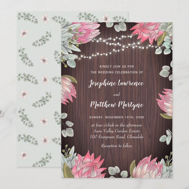 Invitación Protea Luces Florales Boda Madera (Anverso / Reverso)