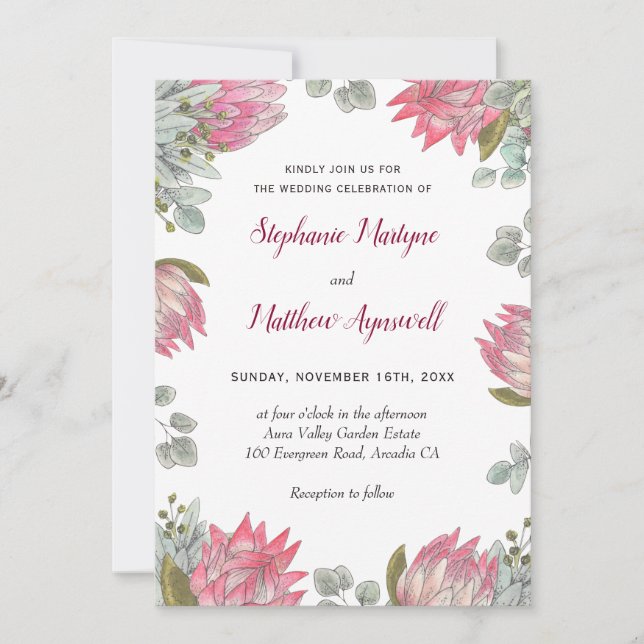 Invitación Protea rosa Eucalyptus Boda floral (Anverso)
