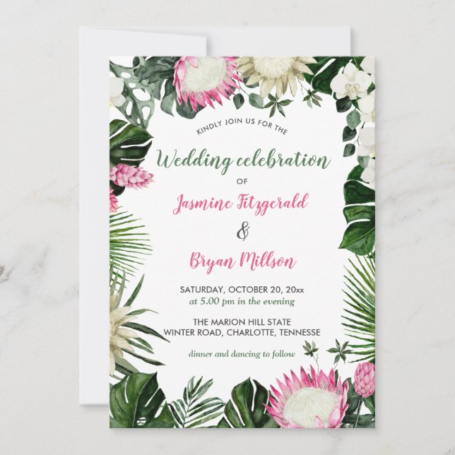 Invitación Protea rosa Floral acuática tropical | Boda (Anverso)