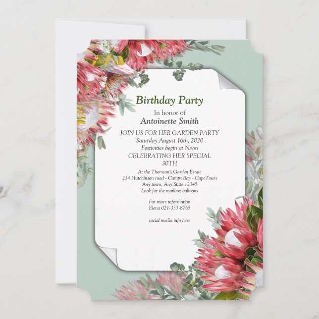 Invitación Protea - Strelitzia Flower Birday (Anverso)