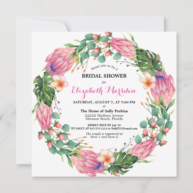 Invitación Protea tropical rosa verde vegetación Floral ducha (Anverso)