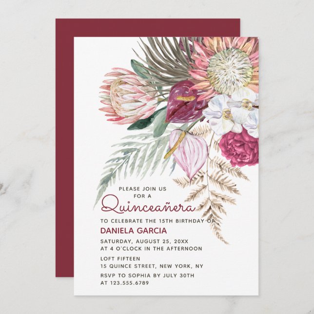 Invitación Protea Watercolor Floral Bouquet Quinceañera (Anverso / Reverso)