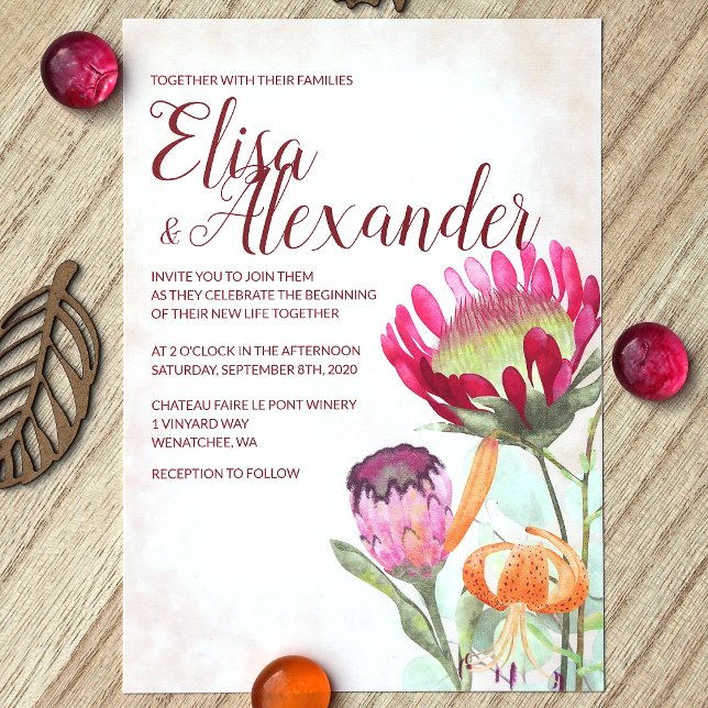 Invitación Proteas del Rey Rosa, Naranja Lilies Boda Caída (Fall Pink King Protea Flower Orange Tiger Lily Wedding Invitation)