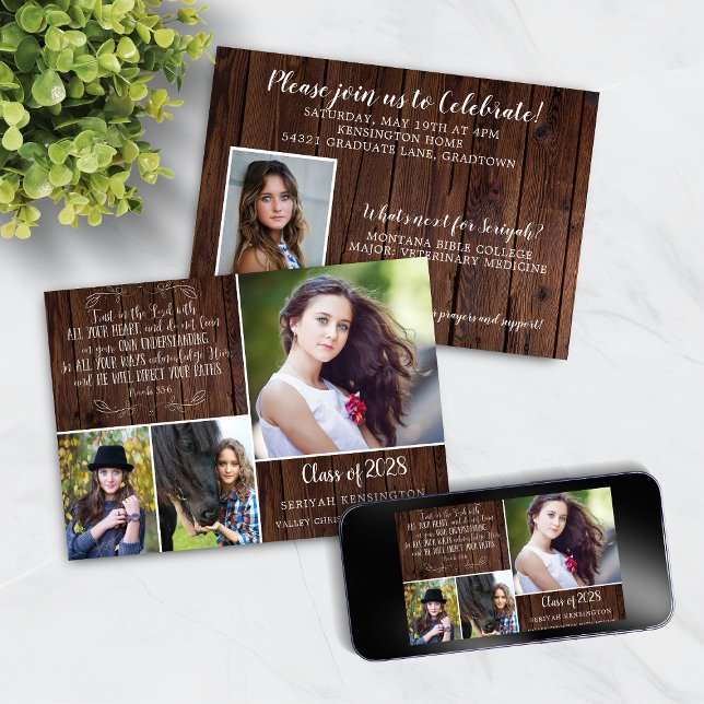 Invitación Proverbios de graduación cristiana de madera rústi (Rustic Wood Christian Graduation Invitation featuring Proverbs 3)