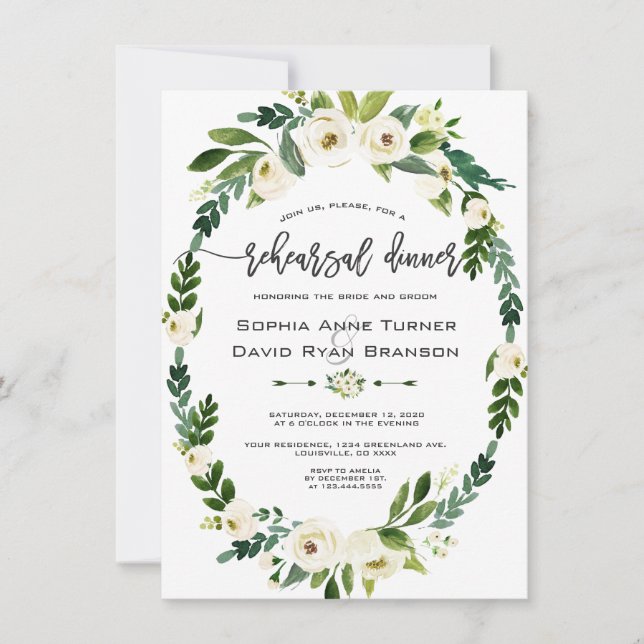 Invitación Prueba de escritura a mano de Wreath floral blanca (Anverso)