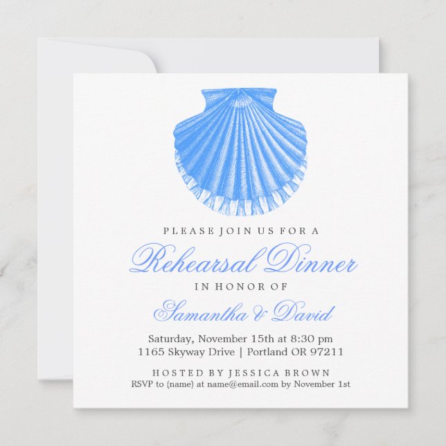 Invitación Prueba de playa Cena Scallop Shell Blue (Anverso)