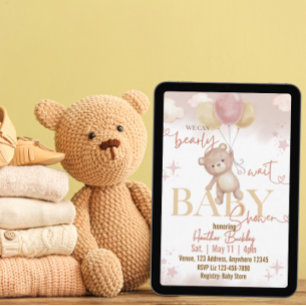 Invitación Puede Esperar con Ansia Globos de Oso Rosa Beige B