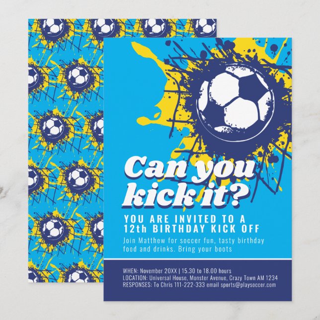 Invitación ¿Puedes patearla fiesta de 12 años de fútbol azul? (Anverso / Reverso)