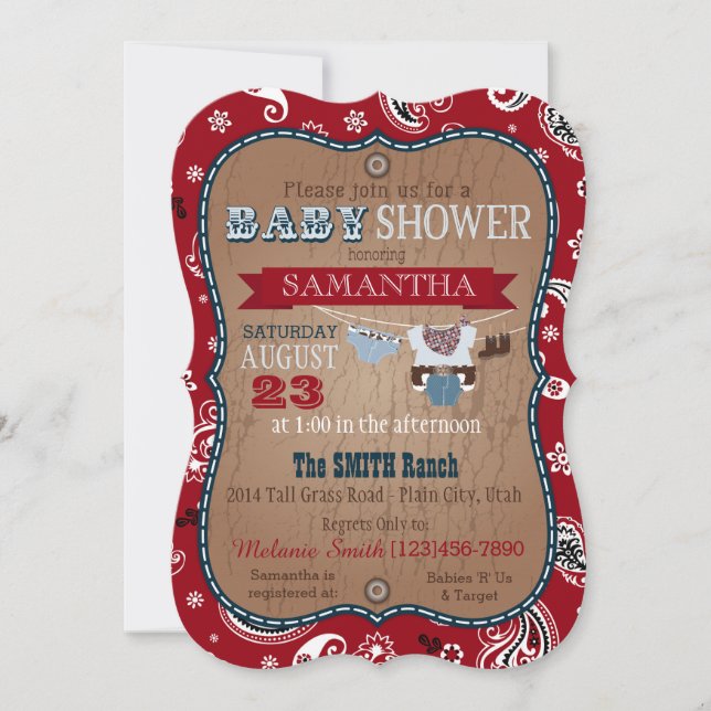 Invitación Puente Baby Shower del pañuelo del vaquero (Anverso)