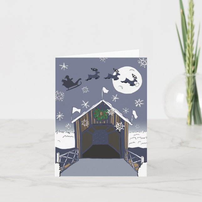 Invitación Puente cubierto con Santa y renos (Anverso)