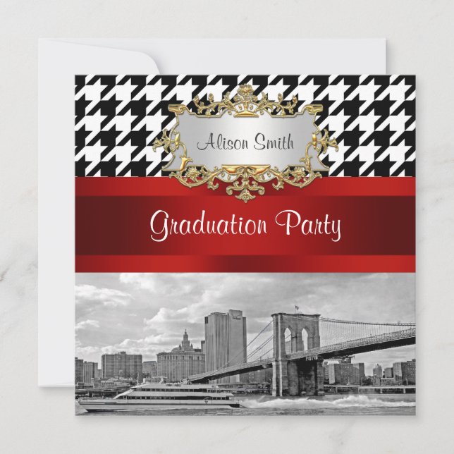 Invitación Puente de Brooklyn Blk Wht Graduation Houndstooth (Anverso)