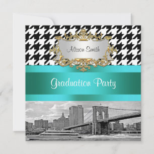Invitación Puente de Brooklyn Blk Wht Houndstooth 2 Graduació