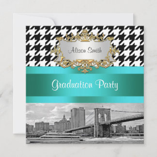 Invitación Puente de Brooklyn Blk Wht Houndstooth 2 Graduació