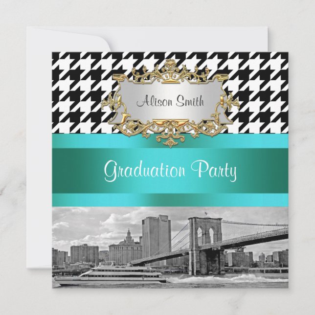 Invitación Puente de Brooklyn Blk Wht Houndstooth 2 Graduació (Anverso)