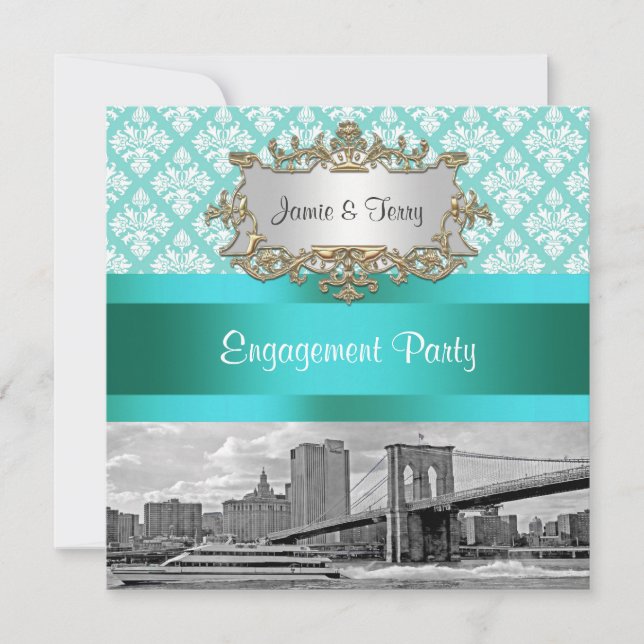 Invitación Puente de Brooklyn NYC Robin Egg Wt Damask Comprom (Anverso)