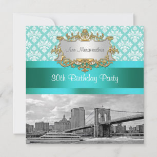 Invitación Puente de Brooklyn Turquesa Wht Damasco Cumpleaños