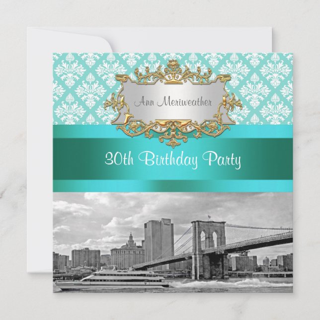 Invitación Puente de Brooklyn Turquoise Wht Damask Cumpleaños (Anverso)