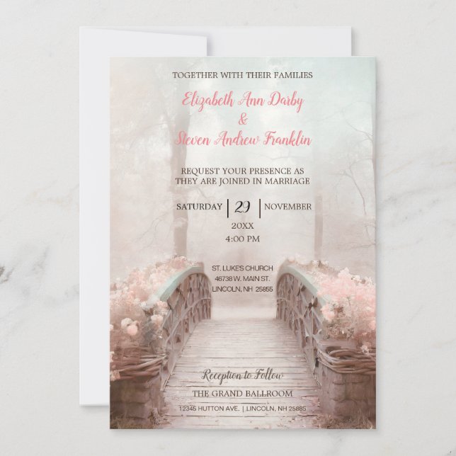 Invitación Puente de fantasía en los bosques con flores rosas (Anverso)