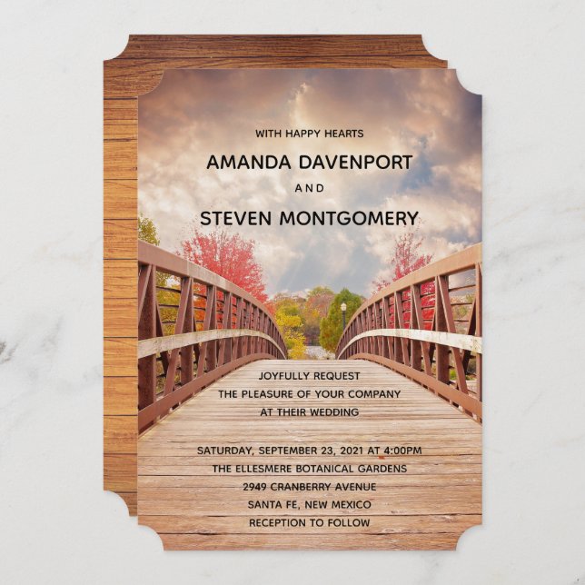 Invitación Puente rústico de madera en la boda campestre (Anverso / Reverso)