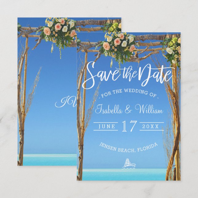 Invitación Puerta de Boda de Verano Floral en la Playa Guarda (Anverso / Reverso)