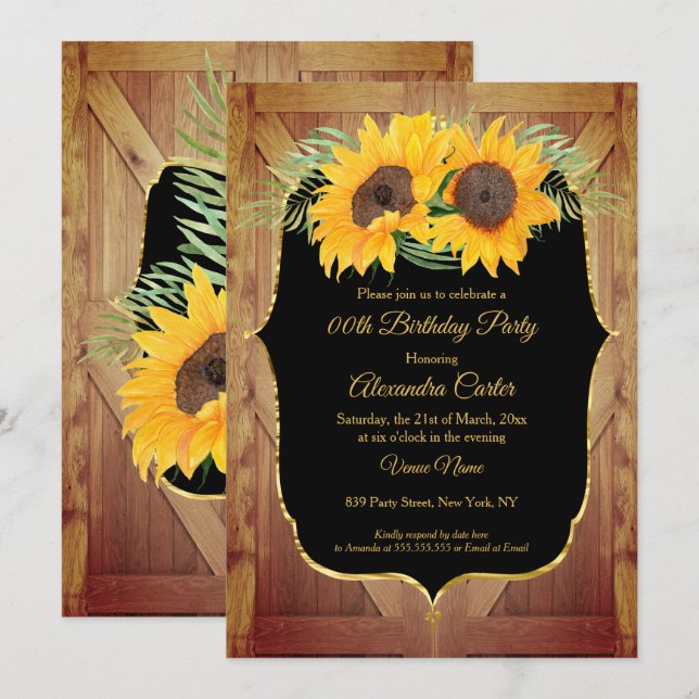 Invitación Puerta de granero rústica de girasol Fiesta de oro (Anverso / Reverso)
